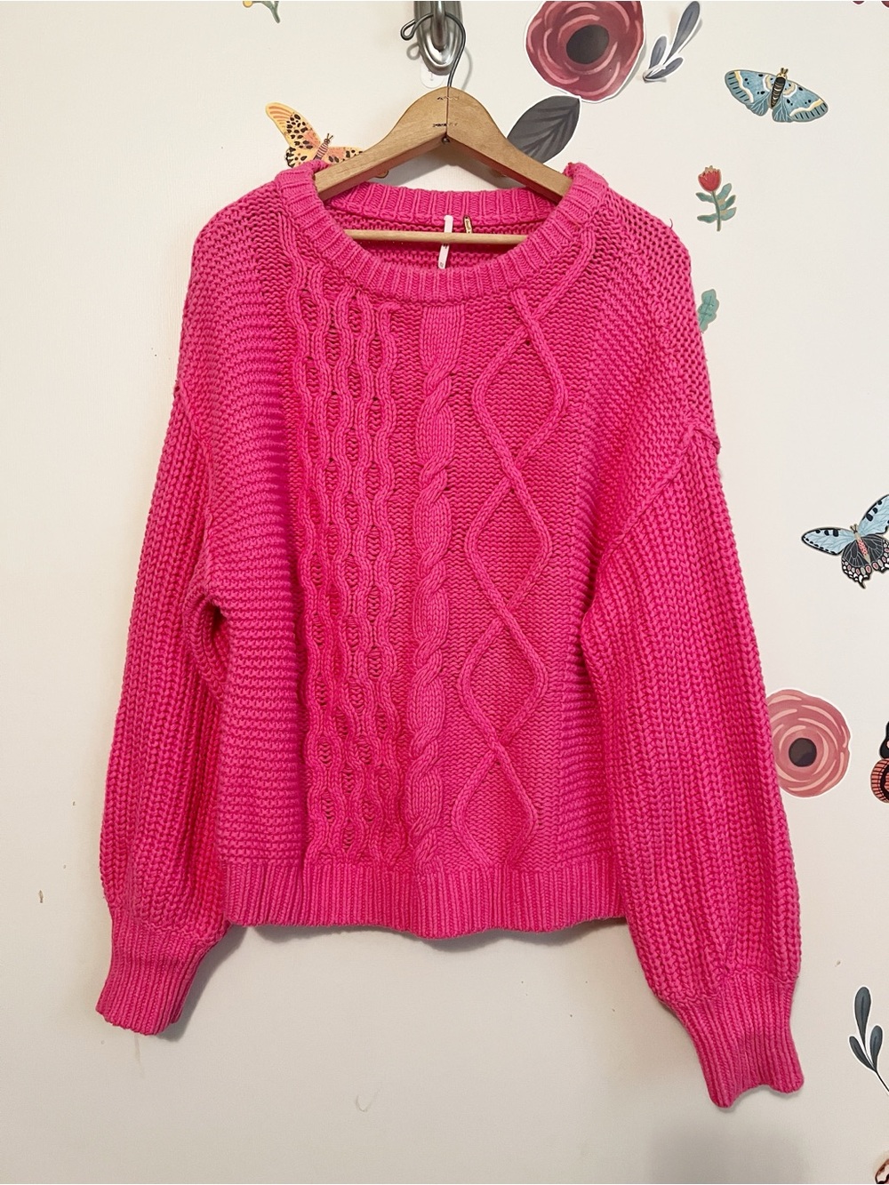 Free People Hot Pink Cable Knit Crewneck Sweater